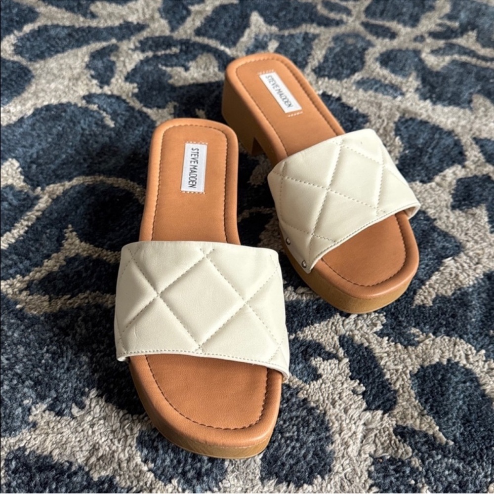 Steve Madden Olad Quilted Faux Wooded Slides/Sandals Sz 9 Ivory Tan